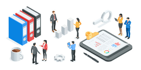 isometric vector business men and women work in team with statistics, in color on white background, financial data analysis and processing
