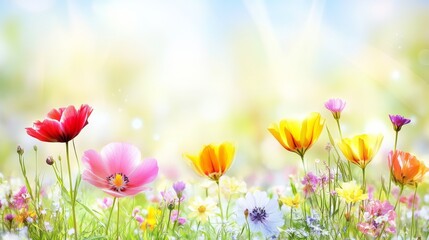Fototapeta premium Vibrant Spring Meadow Colorful Flowers in Sunny Field, Landscape Photography, Floral Art, Nature, Springtime, Poppy, Cosmos Spring Flowers