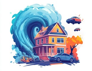 Naklejka premium Hurricane's powerful force depicted with a swirling wave and uprooted cars near a house