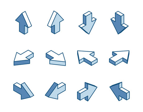 isometric vector set of arrows linear icons, in color on a white background, pointers for infographics and design