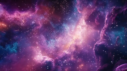 Naklejka premium Cosmic Nebula with vibrant purple hues and sparkling star clusters illuminating the vast space