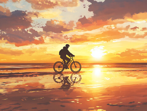 A cyclist enjoying a sunset ride along the beach, reflecting on life and nature.