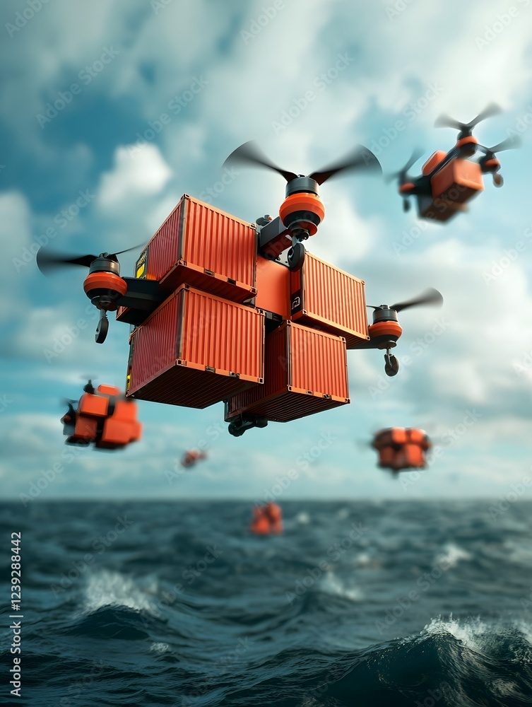Poster futuristic scene of autonomous cargo drones transporting shipping containers over a floating cyberpu