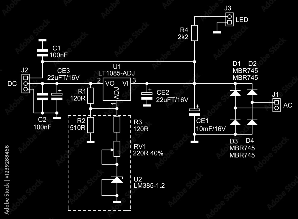 Poster schematic diagram of analog electronic device on paper sheet. vector drawing electrical circuit with