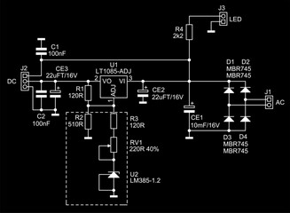 Schematic diagram of analog electronic device 
on paper sheet. Vector drawing electrical circuit with 
capacitor, resistor, diode, voltage stabilizer, connector,
other components.