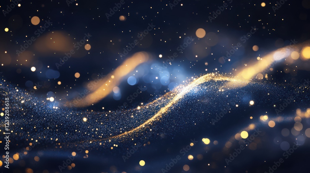 Poster abstract golden particles floating on a dark blue background with bokeh effect