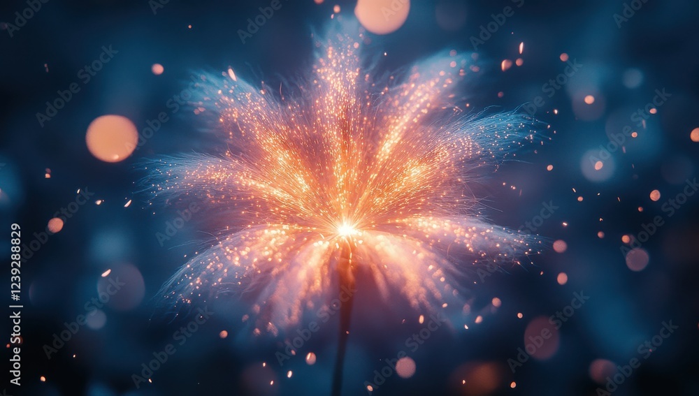 Poster stunning close-up of a vibrant sparkler emitting colorful sparks in a dark setting, creating a capti