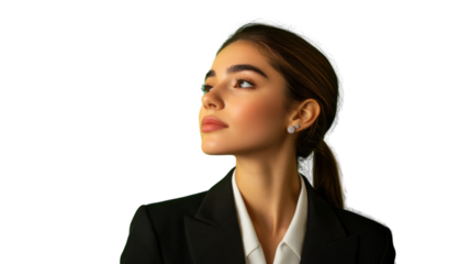Businesswoman looking up with transparent background: expressing hope and ambition