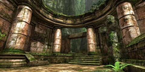 Ancient Ruins Surrounded by Lush Greenery and Overgrown Foliage