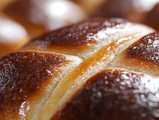 Golden Cross:  A close-up view of a freshly baked Easter hot cross bun, showcasing the glistening cross and the inviting texture of the dough.