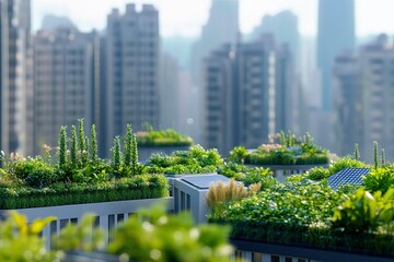 Fototapeta premium Rooftop gardens thriving in urban landscape with skyline in the background