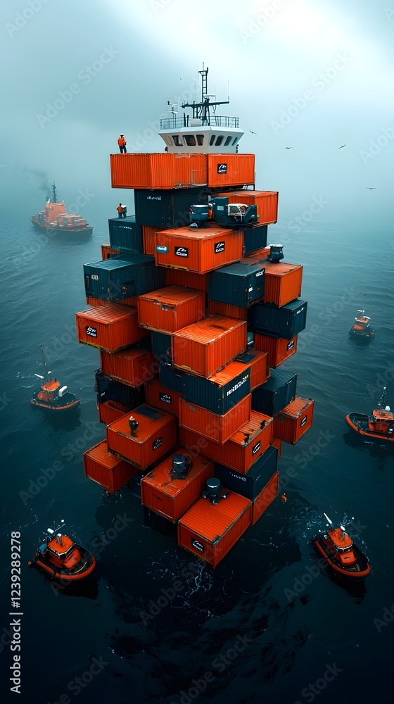 Poster gigantic offshore floating warehouse with autonomous ships docking for cargo transfer an ai controll