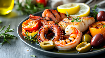 Grilled seafood platter with fresh vegetables and herbs served on a black plate