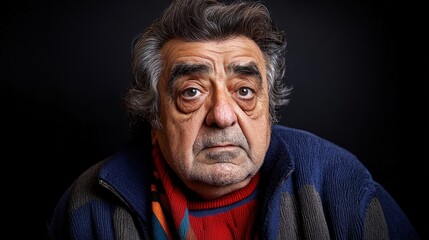 Obraz premium Portrait of an elderly man with a contemplative expression against a dark background wearing a colorful sweater, showcasing deep character