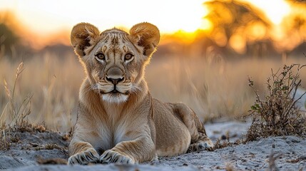 Fototapeta premium Majestic lion cub resting in golden grassland as the sun sets in the horizon