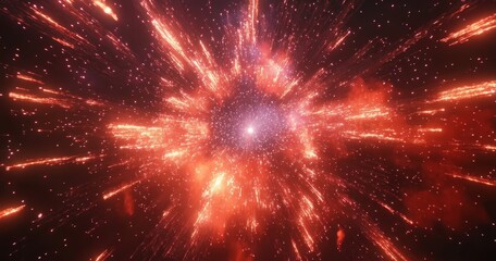 Stunning Cosmic Explosion with Vibrant Red and Orange Sparks Radiating from a Central Point in Outer Space
