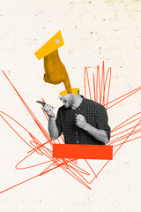 Art image vertical photo collage of angry man cut head index finger pressure point bullying scream...