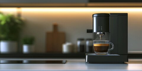 A modern espresso machine dispensing coffee into a small glass cup, with a clean neutral-toned kitchen background, minimalist interior style.