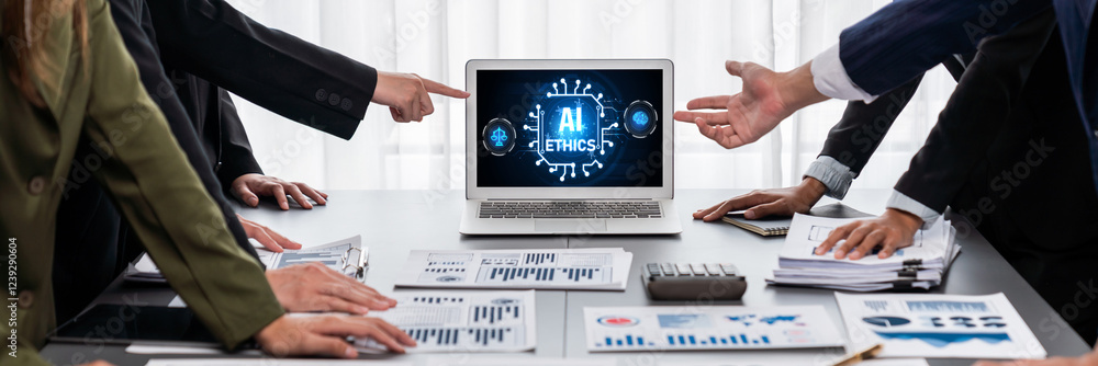 Poster ai ethics responsibility standard law and rules on computer screen provide report of ai ethic transp