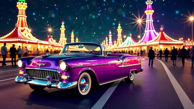 Mardi gras background with A purple car is driving down a street with a carnival in the background. The car is the main focus of the image, and the carnival in the background adds a sense of