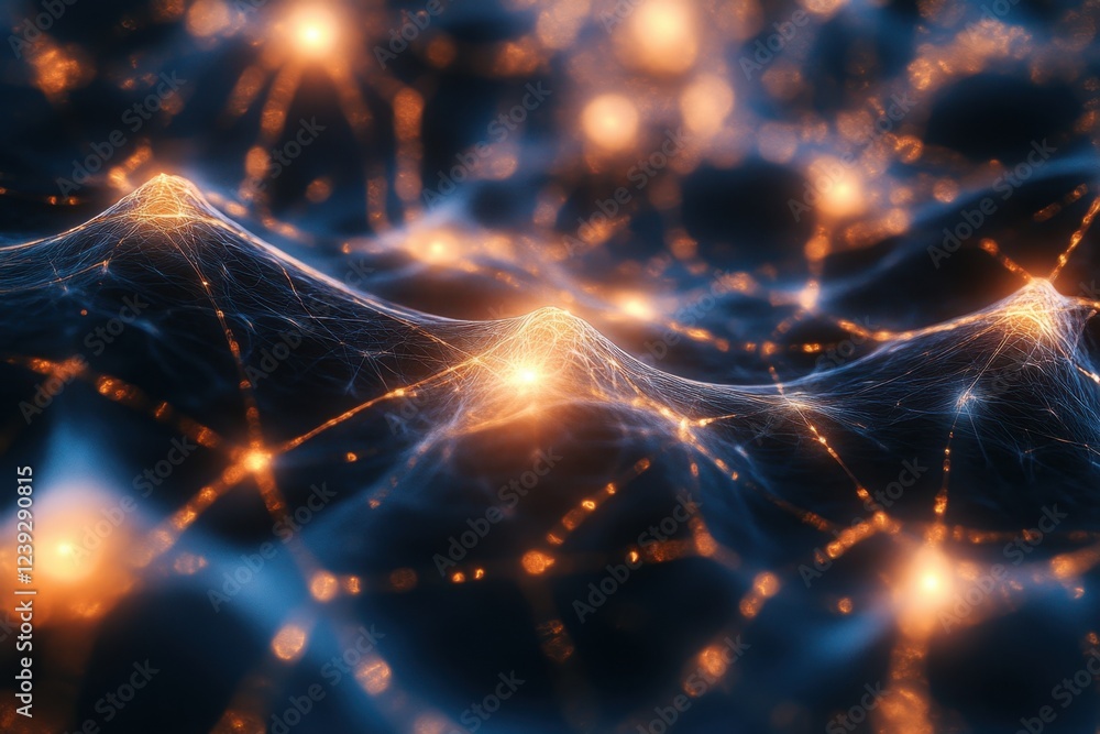 Poster network of light and energy pulses in a dark abstract landscape of interconnected nodes