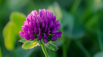 Vibrant purple clover flower in sunlight surrounded by lush green leaves in a serene garden setting