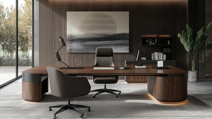 Stylish workspace with a wooden desk and ergonomic chair, illuminated by sunlight streaming through large windows. A tranquil artwork enhances the calming atmosphere