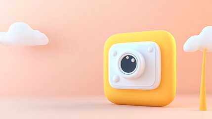 Fototapeta premium Stylized 3D Render of a Camera Icon with Clouds and Pastel Background