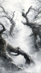 Obraz premium Mystical Woodland with Gnarled Trees in Thick Mist