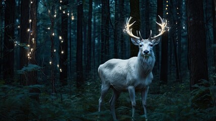 Fototapeta premium White deer in the forest at night with garland lights. 3d rendering