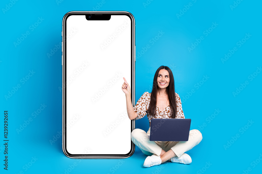 Poster full body portrait of nice young lady netbook indicate finger empty space smart phone screen isolate