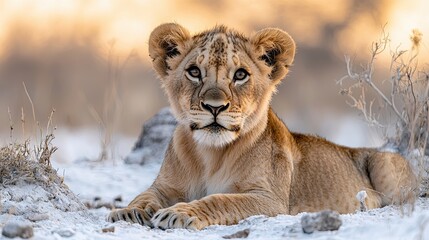 Obraz premium Young lion rests peacefully in the savanna during golden hour at a wildlife reserve