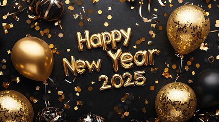Shiny "Happy New Year 2025" balloons in gold, surrounded by party streamers, confetti, and party decor