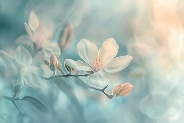 Delicate white flowers bloom softly on branches in a tranquil garden setting