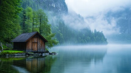 Fototapeta premium Wooden boathouse by a misty lake surrounded by green forest