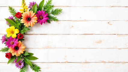 Fototapeta premium Floral Corner on White Wood for Spring Promotions, Blog Headers, DIY Crafts, Greeting Cards