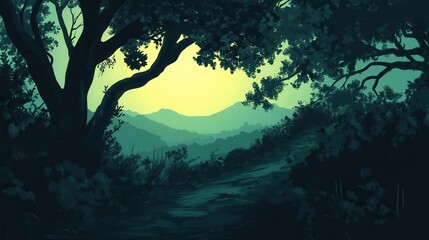 Serene Mountain View Framed by Lush Forest Canopy
