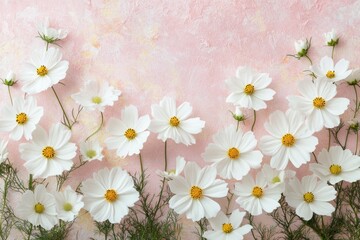 Fototapeta premium White Cosmos Flowers on Pink Background Floral Image