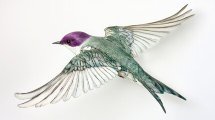 Obraz premium Purple-crowned Fairy-wren in flight, white background, nature illustration