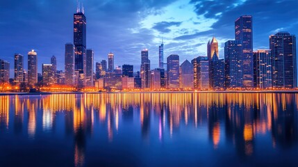 Fototapeta premium City skyline with illuminated buildings reflecting on water at dusk