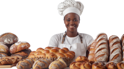 Baker woman with assortment of fresh baked bread on transparent background