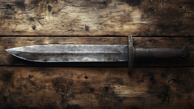 Internal antique steel blade placed on an oak board backdrop