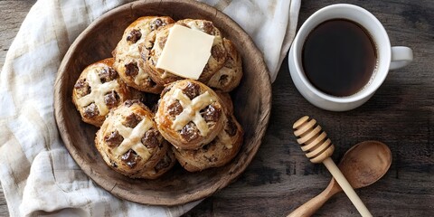 Sweet Morning Delight: A plate of warm, freshly baked cross buns with melted butter and honey drizzled on top, accompanied by a steaming cup of coffee. The perfect breakfast treat to start the day. 