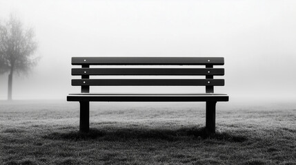 Fototapeta premium Lonely Wooden Park Bench in a Foggy Landscape Creating a Mysterious and Serene Atmosphere