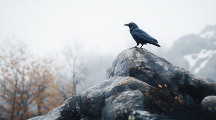 Fototapeta premium Raven perched on mountain rock, foggy landscape