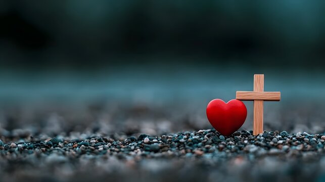 Gravel crunching underfoot a solitary wooden cross and crimson heart stand as symbolic representations of the sacred covenant of divine love