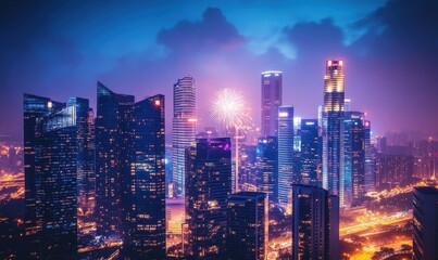 Fototapeta premium Stunning Night Skyline Over Cityscape Illuminated by Fireworks with Skyscrapers and Colorful Lights Against Dramatic Cloudy Blue Sky