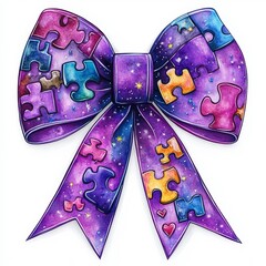 Creative purple puzzle ribbon with vibrant galaxy design and heart accents