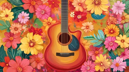 Vibrant Bouquet Accompanied by Musical Guitar Strings: Artistic Floral and Musical Harmony