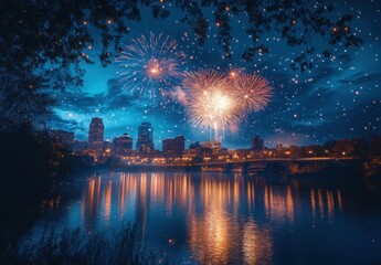 Stunning Night Skyline with Colorful Fireworks Display Over Calm River and Urban Landscape in Vibrant Blue and Orange Tones